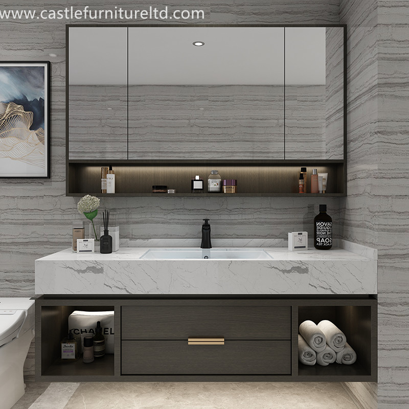 Συνδυασμός από δρύινο ντουλάπι μπάνιου Σκανδιναβικό απλό ντουλάπι από μασίφ ξύλο μπάνιο έξυπνος καθρέφτης πλύσιμο μπάνιου με μαρμάρινο νιπτήρα